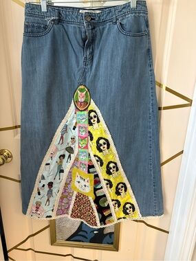 Artsy Embellished denim midi skirt size 10